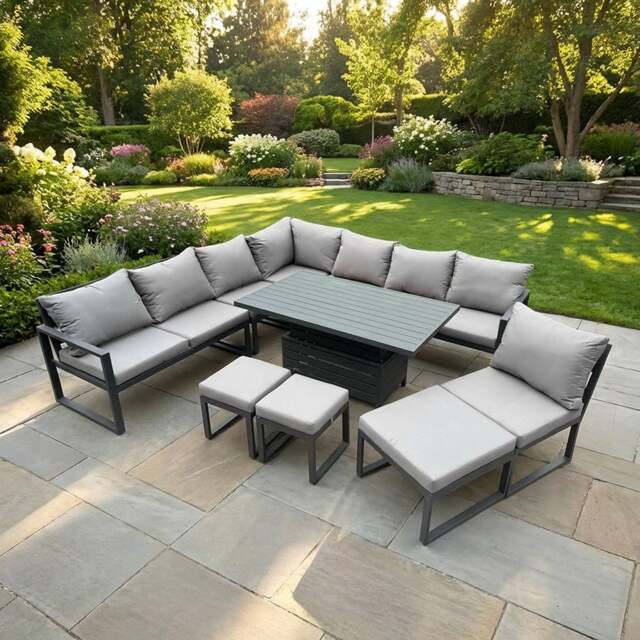 Rackhams 10 Seater Aluminium Garden Furniture Set with Adjustable Rising Dining Table & 3 Footstools - Dark Grey - image 1