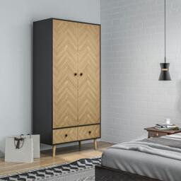Rackhams Modern Wardrobe Cabinet with Shelf, Hanging Rod and 2 Drawers 90x50x190cm