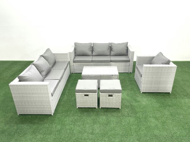 Rackhams Wicker PE Rattan Sofa Garden Furniture Set with Armchair Oblong Coffee Table 2 Small Footstools Light Grey Mixed - image 1