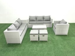 Rackhams Wicker PE Rattan Sofa Garden Furniture Set with Armchair Oblong Coffee Table 2 Small Footstools Light Grey Mixed - thumbnail 2