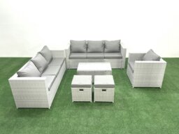 Rackhams Wicker PE Rattan Sofa Garden Furniture Set with Armchair Oblong Coffee Table 2 Small Footstools Light Grey Mixed - thumbnail 1