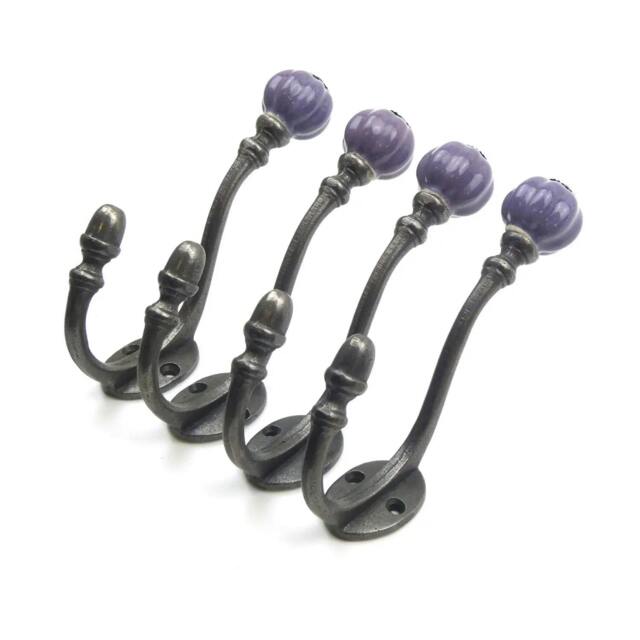 Rackhams Ceramic Tipped Shabby Chic Cast Iron Coat Hook 150mm - Pack of 4 Hooks - Purple - image 1