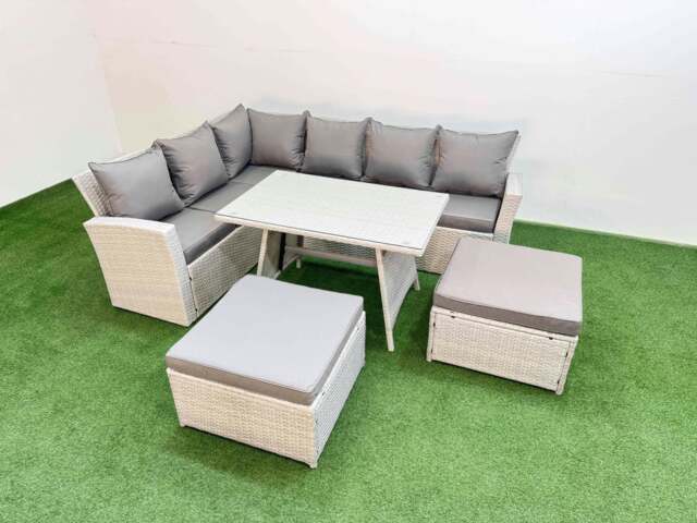 Rackhams Garden Outdoor Rattan Furniture Set Rattan Corner Sofa Oblong Dining Table Set with 2 Big Footstools Light Grey Mixed 8 Seater - image 1