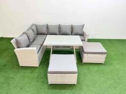 Rackhams Garden Outdoor Rattan Furniture Set Rattan Corner Sofa Oblong Dining Table Set with 2 Big Footstools Light Grey Mixed 8 Seater - thumbnail 2