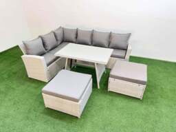 Rackhams Garden Outdoor Rattan Furniture Set Rattan Corner Sofa Oblong Dining Table Set with 2 Big Footstools Light Grey Mixed 8 Seater - thumbnail 1