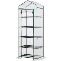 Rackhams 5 Tier Mini Greenhouse, Small Walk-in Greenhouse with Reinforced Plastic Cover, Garden Grow House with Roll Up Door and Shelves, Green - thumbnail 1