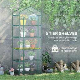 Rackhams 5 Tier Mini Greenhouse, Small Walk-in Greenhouse with Reinforced Plastic Cover, Garden Grow House with Roll Up Door and Shelves, Green - thumbnail 4