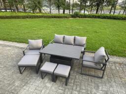 Rackhams Aluminium Garden Furniture Sets 8 Seater Outdoor Sofa Set with Adjustable Rising Lifting Dining Table 2 Chairs 3 Footstools - thumbnail 2