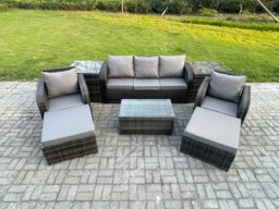Rackhams Rattan Garden Furniture Set - Dark Grey Mixed Patio Lounge Sofa with Rectangular Coffee Table & 2 Big Footstools - thumbnail 1