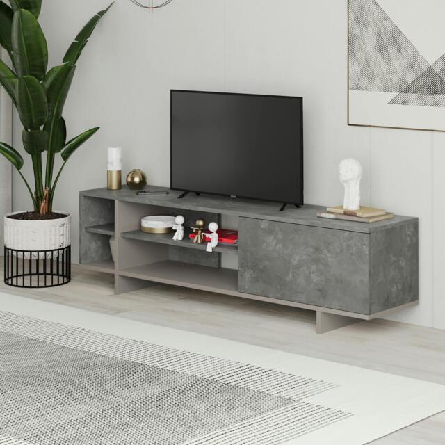 Rackhams Modern Stockton TV Unit up to 65 Inch TVs 4-open Shelf Flip-Door Storage TV Cabinet 35.6x160cm Living Room - Retro Grey - image 1