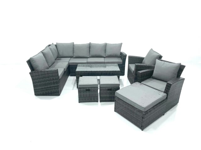 Rackhams 11 Seat Rattan Garden Furniture Corner Sofa Set Outdoor Patio Sofa Chair Table Set with 2 Small Footstools 2 Big Footstools Dark Grey Mixed - image 1