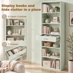Rackhams Tall Bookcase with Cubes, 7-Tier Bookshelf with Drawer, Light Green - 24 - thumbnail 4