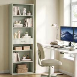 Rackhams Tall Bookcase with Cubes, 7-Tier Bookshelf with Drawer, Light Green - 24
