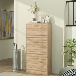 Rackhams Slim Shoe Storage Cabinet with 3 Flip Drawers, Oak Wood Grain - thumbnail 3