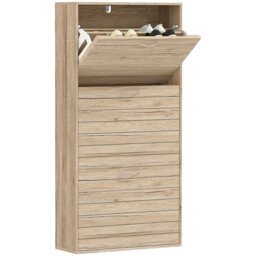 Rackhams Slim Shoe Storage Cabinet with 3 Flip Drawers, Oak Wood Grain - thumbnail 2