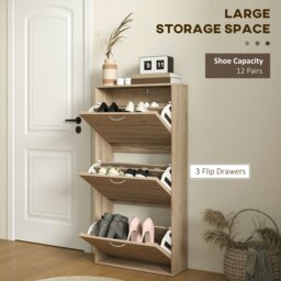 Rackhams Slim Shoe Storage Cabinet with 3 Flip Drawers, Oak Wood Grain - thumbnail 4
