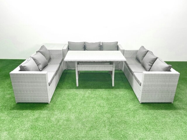 Rackhams Rattan Garden Outdoor Furniture Set 9 Seater Garden Sofa Rectangulr Dining Table Set with Side Table Light Grey Mixed - image 1
