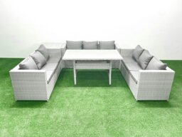 Rackhams Rattan Garden Outdoor Furniture Set 9 Seater Garden Sofa Rectangulr Dining Table Set with Side Table Light Grey Mixed - thumbnail 1