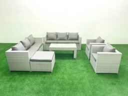Rackhams Outdoor Garden Furniture Rattan Sofa Set with 2 Armchairs Oblong Coffee Table Big Footstool Light Grey Mixed - thumbnail 2