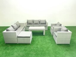 Rackhams Outdoor Garden Furniture Rattan Sofa Set with 2 Armchairs Oblong Coffee Table Big Footstool Light Grey Mixed - thumbnail 1
