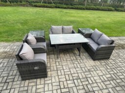 Rackhams Rattan Outdoor Furniture Garden Dining Set Rectangular Table and Chair Sofa Set With 2 PC Side Tables Dark Grey Mixed - thumbnail 2