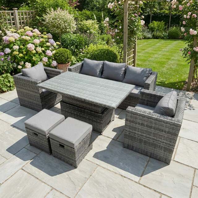 Rackhams Rattan Garden Furniture Set Rising Adjustable Lifting Dining Table Lounge Sofa Set With Foostools Dark Grey Mixed - image 1
