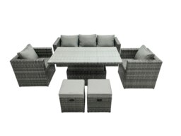 Rackhams Rattan Garden Furniture Set Rising Adjustable Lifting Dining Table Lounge Sofa Set With Foostools Dark Grey Mixed - thumbnail 3