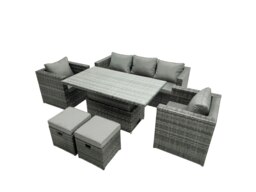 Rackhams Rattan Garden Furniture Set Rising Adjustable Lifting Dining Table Lounge Sofa Set With Foostools Dark Grey Mixed - thumbnail 2