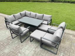 Rackhams 11 Seater Aluminium Outdoor Garden Furniture Set with Adjustable Rising Dining Table, 2 Footstools & 3 Chairs - Grey - thumbnail 1
