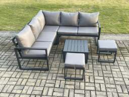 Rackhams Outdoor Garden Furniture Set Aluminium Lounge Sofa Square Coffee Table Sets with 2 Small Footstools Indoor Conservatory Set Dark Grey - thumbnail 2