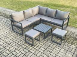 Rackhams Outdoor Garden Furniture Set Aluminium Lounge Sofa Square Coffee Table Sets with 2 Small Footstools Indoor Conservatory Set Dark Grey - thumbnail 1