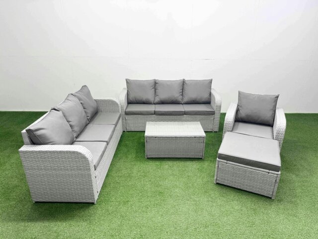 Rackhams 8 Seater Poly Rattan Outdoor Garden Furniture Sofa Set Patio 3 Seater Sofa Reclining Chair 3 Seater Sofa Big Footstool Light Grey - image 1