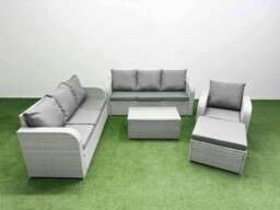 Rackhams 8 Seater Poly Rattan Outdoor Garden Furniture Sofa Set Patio 3 Seater Sofa Reclining Chair 3 Seater Sofa Big Footstool Light Grey - thumbnail 1