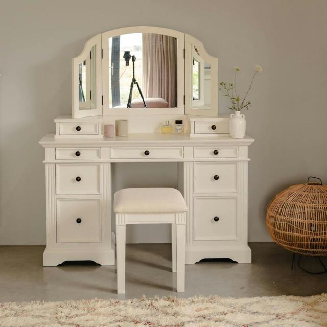 Rackhams Gainsborough Dressing Table Set. Pedestal Dressing Table, Extension Drawers, Mirror - Vintage Cream, Cream - image 1