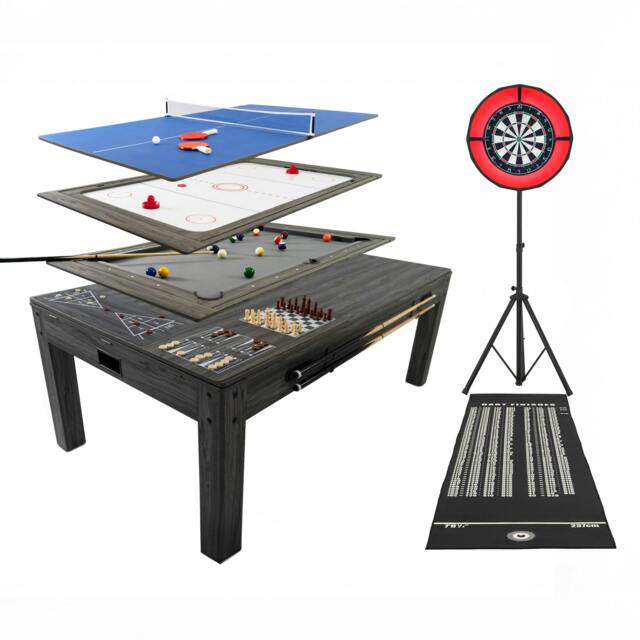 Rackhams 7-In-1 Grey Games Table, Darts Bundle & LED Light - image 1