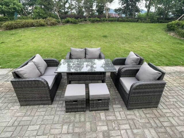 Rackhams 8 Seater Dark Grey PE Wicker Rattan Garden Furniture Set Reclining Chair 2 Seater Love Sofa Set Outdoor Rectangular Dining Table 2 Stools - image 1