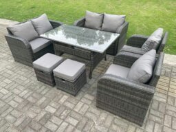 Rackhams 8 Seater Dark Grey PE Wicker Rattan Garden Furniture Set Reclining Chair 2 Seater Love Sofa Set Outdoor Rectangular Dining Table 2 Stools - thumbnail 2