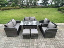 Rackhams 8 Seater Dark Grey PE Wicker Rattan Garden Furniture Set Reclining Chair 2 Seater Love Sofa Set Outdoor Rectangular Dining Table 2 Stools - thumbnail 1