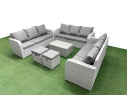 Rackhams PE Rattan Lounge Sofa Set 11 Seater Outdoor Garden Furniture Set with Rectangular Coffee Table 3 Seater Sofa 2 Stools Light Grey - thumbnail 2