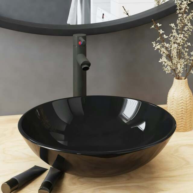 Rackhams Bathroom Sink with Tap and Push Drain Black Tempered Glass