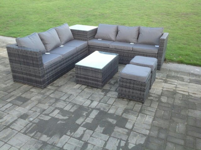 Rackhams 8 Seater Grey Rattan Sofa Set With 2 Coffee Tables Set Conservatory Outdoor Garden Furniture