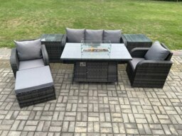 Rackhams Wicker Rattan Garden Furniture Sofa Set Gas Fire Pit Dining Table Indoor Outdoor with 2 Side Tables Chair Footstool - thumbnail 1