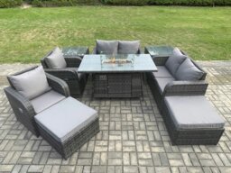 Rackhams Rattan Outdoor Garden Furniture Set with Gas Fire Pit Table, 2 Sofas, 2 Reclining Chairs, 2 Side Tables, 2 Footstools - 8 Seater - Dark Grey - thumbnail 1