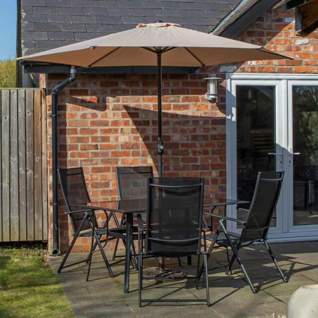 Rackhams Outdoor 4 Person Rectangular Glass Top Garden Patio Dining Table Chairs Cream Parasol and Base Set - Outdoor Furniture Sets - image 1