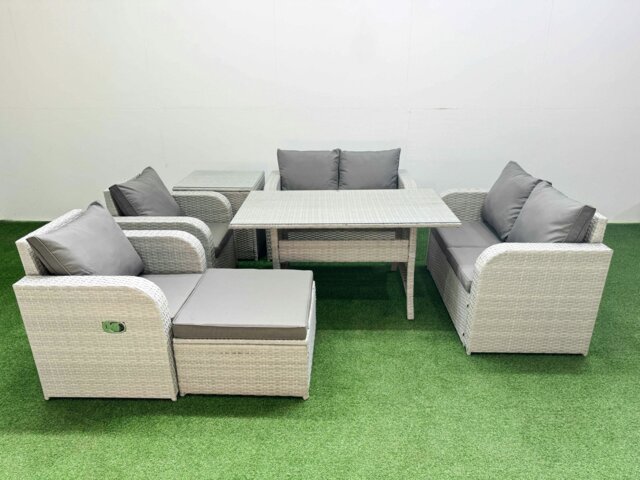 Rackhams 7 Seater Outdoor Reclining Chair Love Sofa Set Rattan Garden Furniture Set with Rectangular Dining Table Footstool Side Table Light Grey - image 1