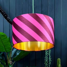 "Rackhams Raspberry Ripple Helter Skelter Velvet Lampshades With Gold Foil Lining - 30cm diameter x 20cm height / 12"" x 8"""