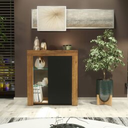 Rackhams Modern Sideboard 75cm – Oak Matt Body & Black Matt Door – Glass Shelves with Free LED - 83 - Oak & Black -  MDF/Chipboard - thumbnail 2