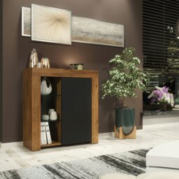 Rackhams Modern Sideboard 75cm – Oak Matt Body & Black Matt Door – Glass Shelves with Free LED - 83 - Oak & Black -  MDF/Chipboard - thumbnail 4