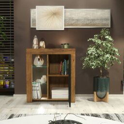 Rackhams Modern Sideboard 75cm – Oak Matt Body & Black Matt Door – Glass Shelves with Free LED - 83 - Oak & Black -  MDF/Chipboard - thumbnail 3