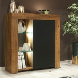 Rackhams Modern Sideboard 75cm – Oak Matt Body & Black Matt Door – Glass Shelves with Free LED - 83 - Oak & Black -  MDF/Chipboard